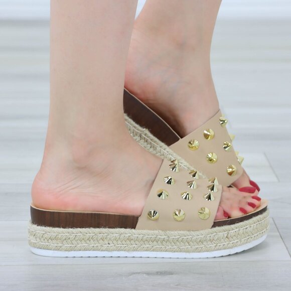 Beige Platform Sandals Gold Studded Slip On Braided Jute Sole Open Toe - Picture 9 of 12
